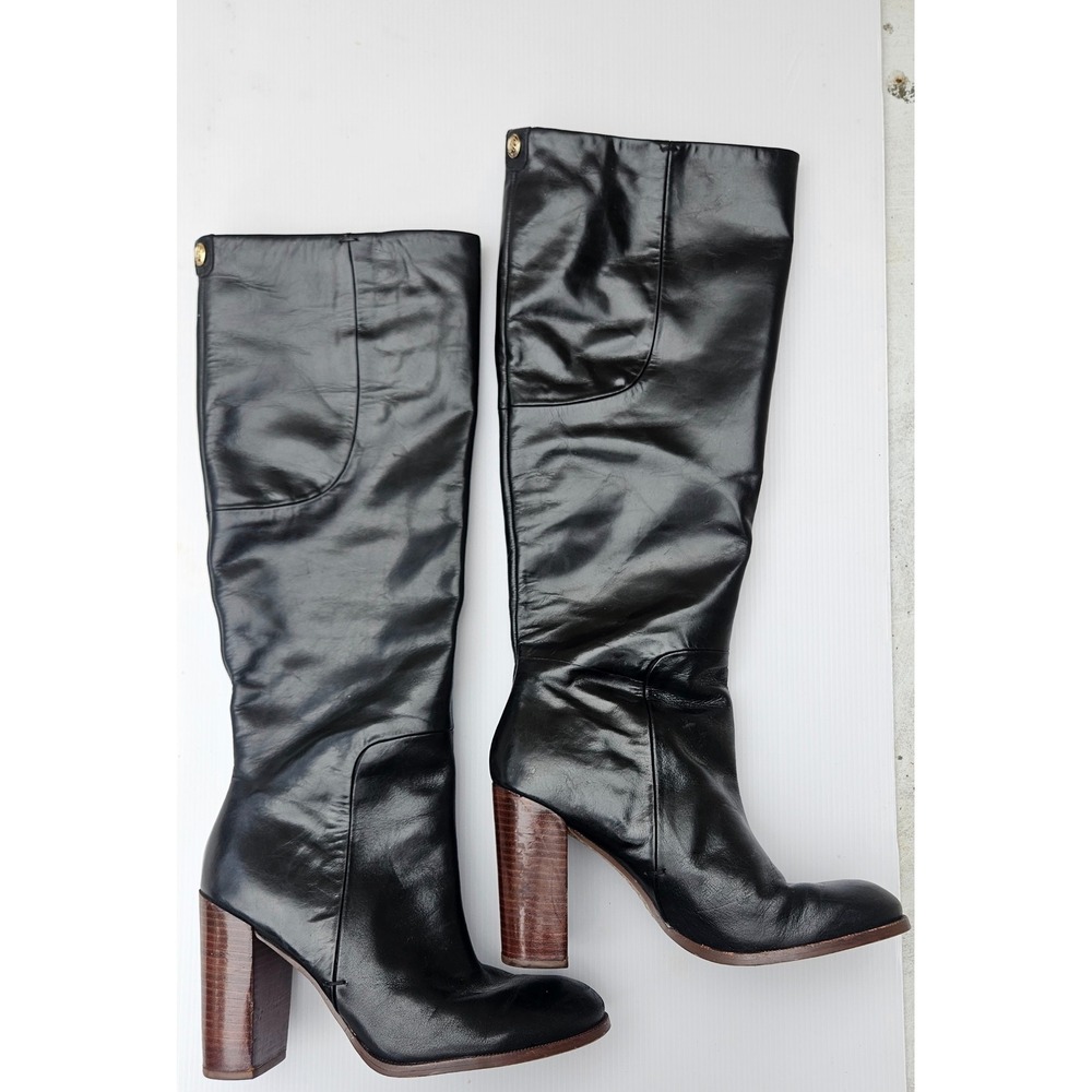 Ivanka‎ Trump Black Leather Knee High Boots Brown Block Heel Round Toe Size 7M